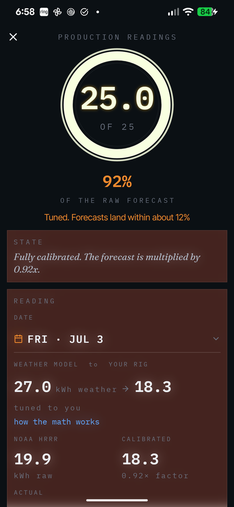Calibration screen showing raw weather model output next to the calibrated number for this rig