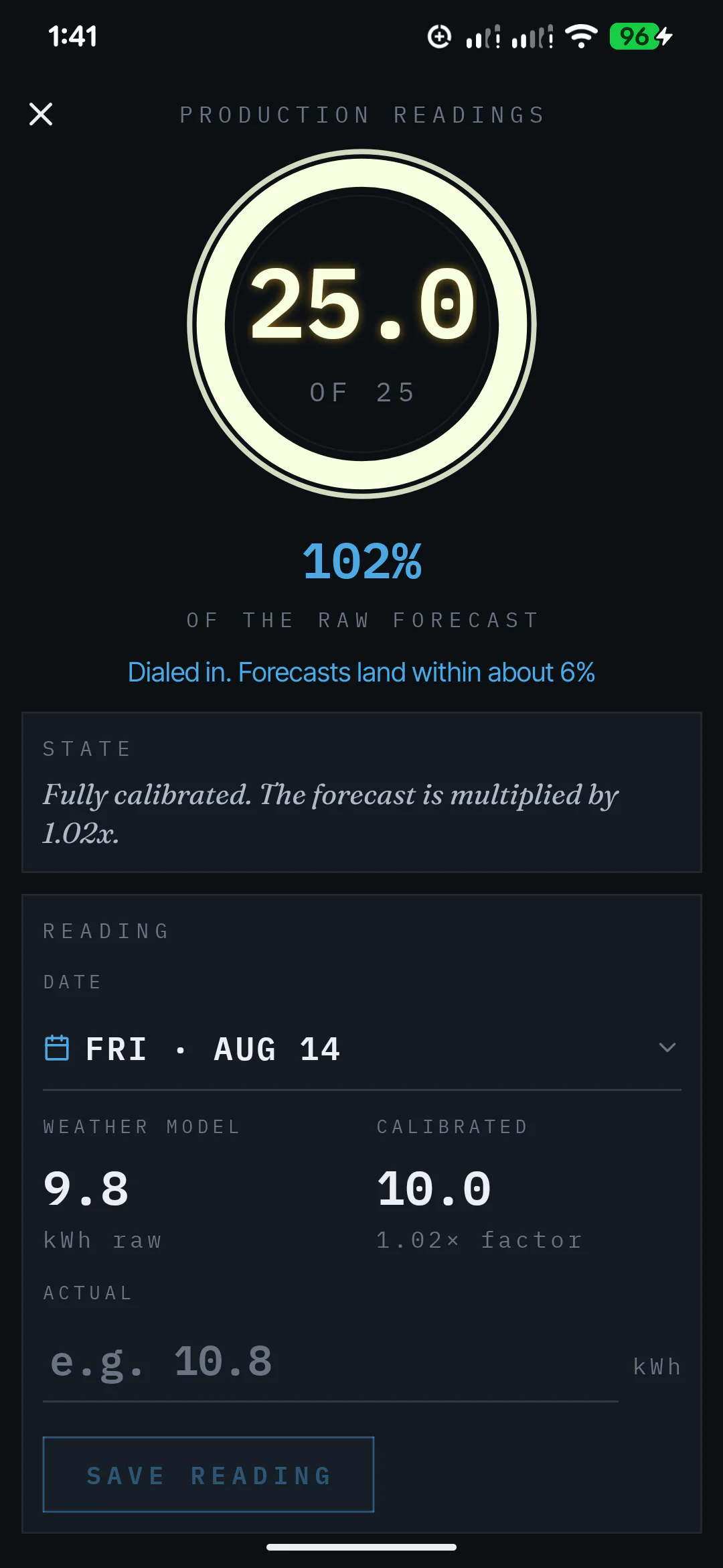 SunPlanner Production Readings screen showing calibration progress and the raw model compared with the calibrated result