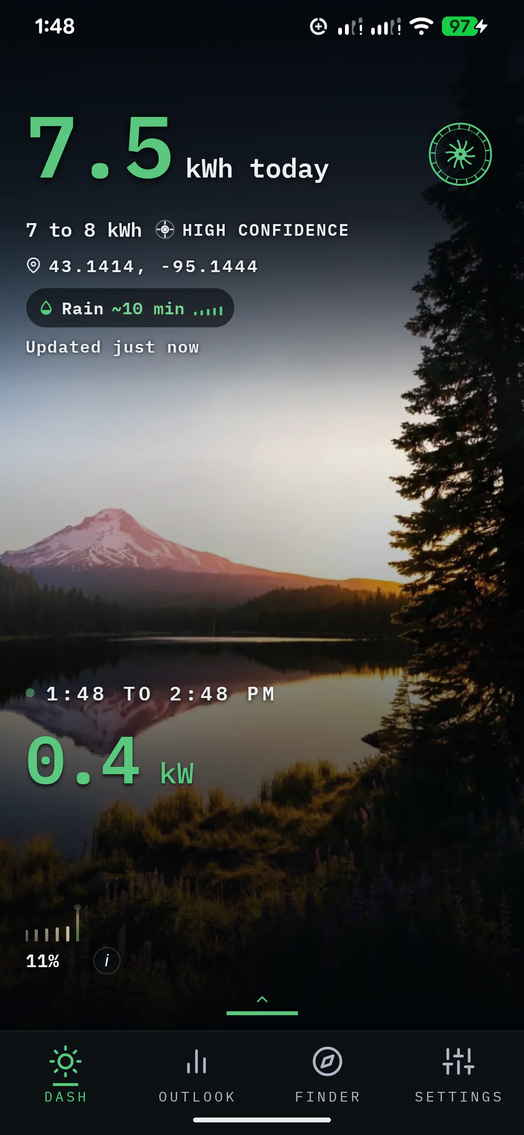 SunPlanner dashboard showing rain nearby and current solar production