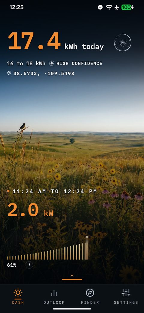 SunPlanner Dashboard using the Great Plains Prairie scenery region