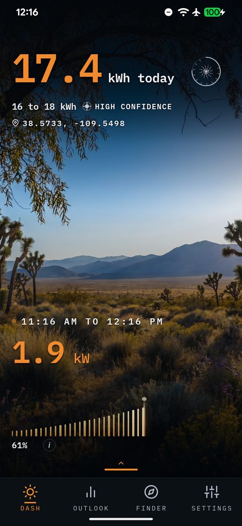 SunPlanner Dashboard using the Mojave-Chihuahuan Desert scenery region