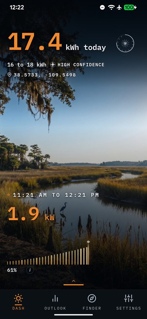 SunPlanner Dashboard using the Southern Coastal Wetlands scenery region