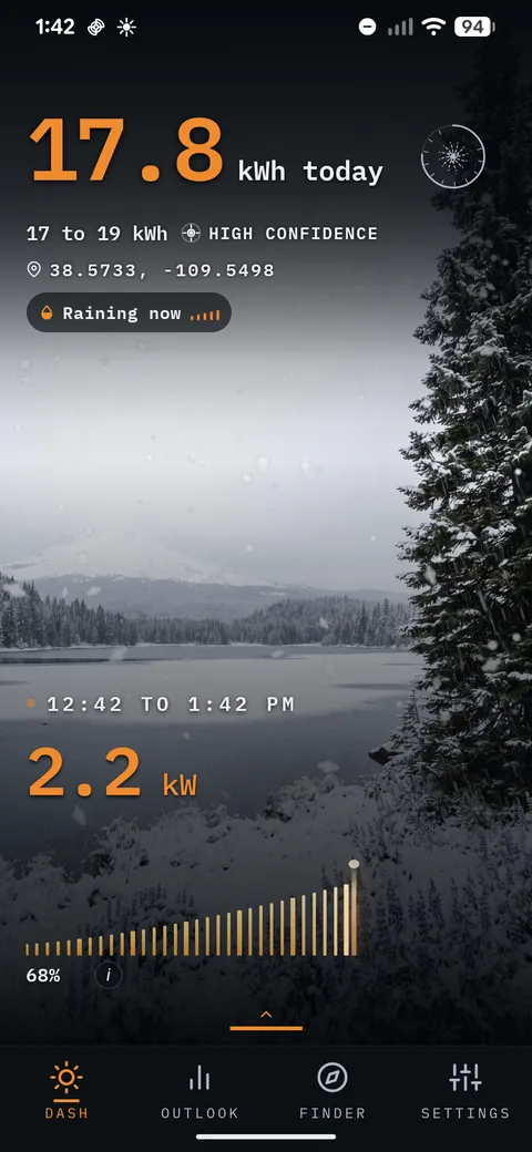 SunPlanner winter scenery with snow around a solar forecast.
